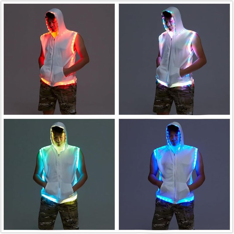 LEDPATY Men White Hooded Tank LED Light Up Sync Burning Man Rave Tops Night Club Show for Halloween Dance Party - Image 3
